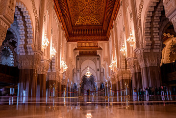 Casablanca, Morocco. October 10, 2021. Interior view of the majestic Hasan ii mosque with decorated...
