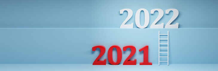 Happy New Year Background. Ladder to success in 2022. 3D illustration