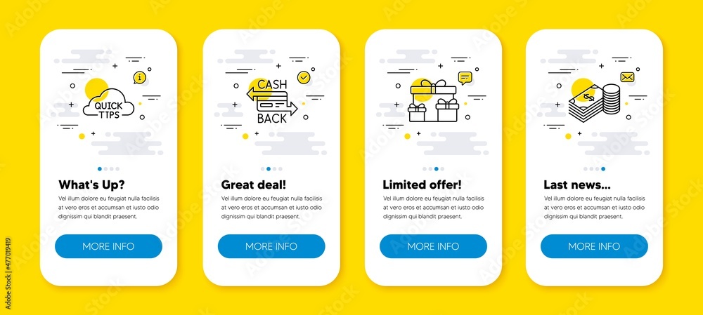 Poster vector set of quick tips, surprise boxes and cashback card line icons set. ui phone app screens with
