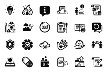Vector Set of Science icons related to Sun energy, Cogwheel and Social responsibility icons. Recovery data, Seo devices and Nurse signs. 360 degrees, Receive file and Agreement document. Vector