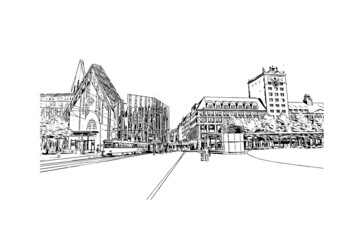 Building view with landmark of Leipzig is the 
city in Germany. Hand drawn sketch illustration in vector.