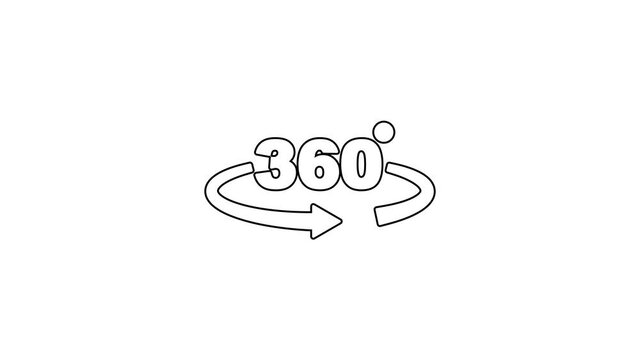 Black line 360 degree view icon isolated on white background. Virtual reality. Angle 360 degree camera. Panorama photo. 4K Video motion graphic animation