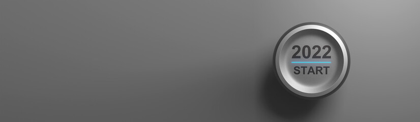 Start 2022. Happy New Year button. 3D illustration