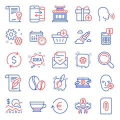 Line icons set. Included icon as Cogwheel, Attachment, Work signs. Exchange currency, Check investment, Phone communication symbols. Dry cappuccino, Coffee beans, Add purchase. Search. Vector