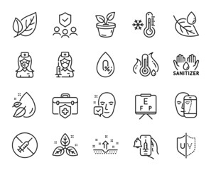 Vector set of Leaf dew, Uv protection and Face biometrics line icons set. People insurance, Clean skin and Face accepted icons. Hand sanitizer, Vision board and No vaccine signs. Vector