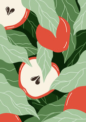 Apple fruit background. Fruits and leaves of apple tree for social media, postcards, print, poster. Hand drawn apples. Vector illustration