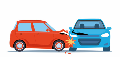 Car accident. Damaged transport on the road. Collision of two cars, side view. Road collisition. Damaged transport. Collision on road, safety of driving personal vehicles, car insurance. Vector.