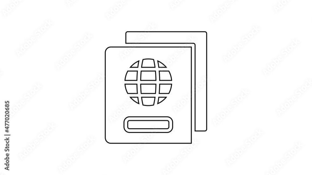Poster black line passport with biometric data icon isolated on white background. identification document. 