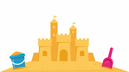 Beach sand castle. Blue plastic bucket filled with sand, pink shovel, children's summer toys. Vector illustration. © Alena