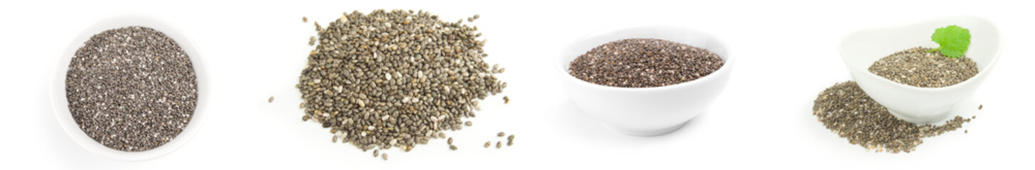 Collection of organic dry chia seeds isolated on a white background cutout