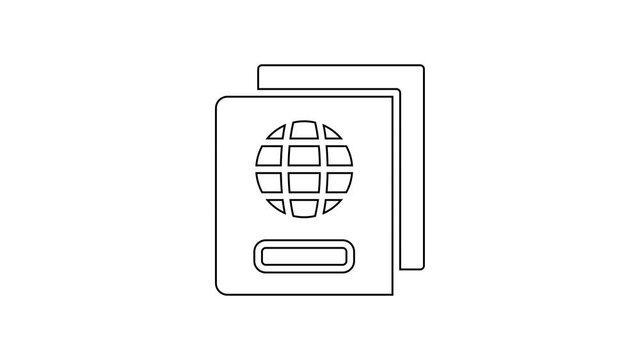 Black line Passport with biometric data icon isolated on white background. Identification document. 4K Video motion graphic animation