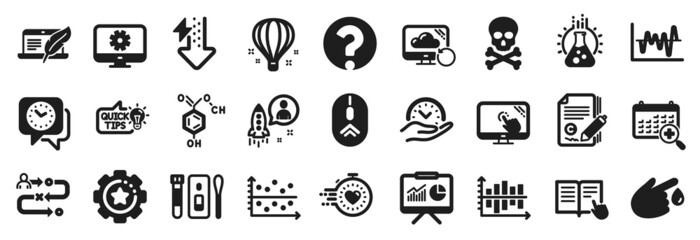 Set of Science icons, such as Energy drops, Stock analysis, Chemical hazard icons. Education idea, Timer, Journey path signs. Chemical formula, Monitor settings, Air balloon. Swipe up. Vector