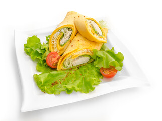 Mexican tortilla wrap with chicken breast and vegetables