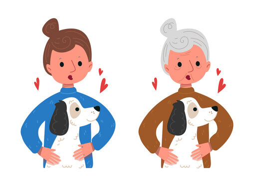 Set of a man and a dog. The concept of a dog's lifespan and growing up together. An old gray-haired woman and her dog are drawn in a cartoon childish style. Funny characters. Elderly with a retriever.