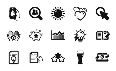 Vector set of Search employees, Bell alert and Loyalty points icons simple set. Electricity bulb, Hold box and Ranking stars icons. Search employees simple web symbol. Vector