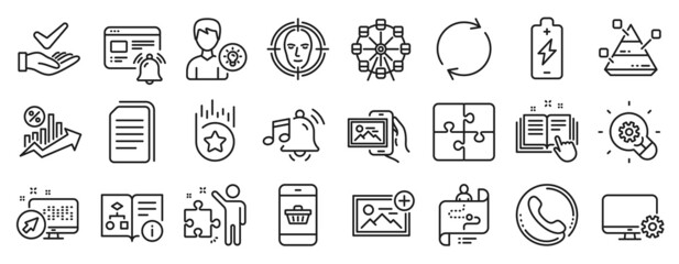 Set of Technology icons, such as Battery charging, Image album, Add photo icons. Innovation, Journey path, Web system signs. Copy files, Internet notification, Puzzle. Strategy line symbols. Vector