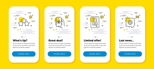 Vector set of Coffee vending, Ranking stars and Air conditioning line icons set. UI phone app screens with line icons. Cogwheel icon. Coffee vending machine, Winner award, Smartphone weather. Vector