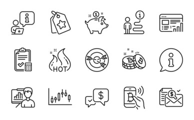 Finance icons set. Included icon as Loyalty tags, Web report, Hot sale signs. Accounting checklist, Targeting, Saving money symbols. Accounting report, Presentation board, Payment received. Vector