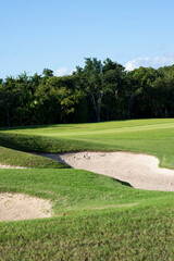 Vertical panoramic photo of a golf course in Mexico with sand bunkers