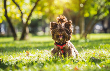 Portrait of cute yorkshire terrier dog at the park.