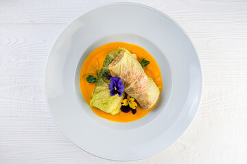 savoy cabbage rolls stuffed with meat and vegetables top view, flat lay
