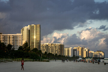 The skyline of Miami Beach at sunset