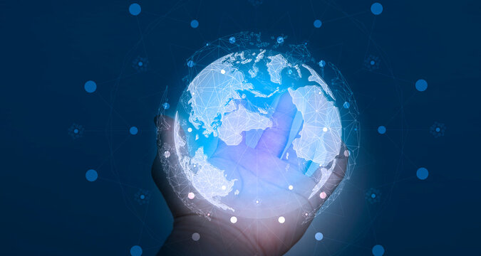 Businessman touching global network