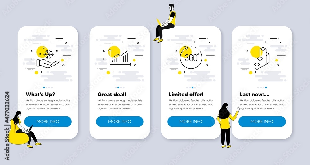 Poster vector set of technology icons related to 360 degrees, graph and freezing icons. ui phone app screen