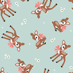 Seamless vector pattern with cute vintage fawn on floral background. Perfect for textile, wallpaper or print design. 