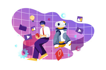 Businessman use data of robots on a smartphone to control business network connection and data exchange