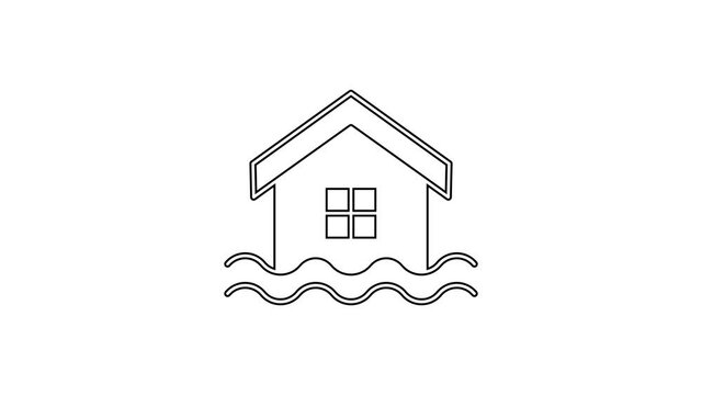 Black line House flood icon isolated on white background. Home flooding under water. Insurance concept. Security, safety, protection, protect concept. 4K Video motion graphic animation
