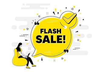 Flash Sale text. Check mark chat bubble banner with people. Special offer price sign. Advertising Discounts symbol. Flash sale approved chat message. Checklist user background. Vector
