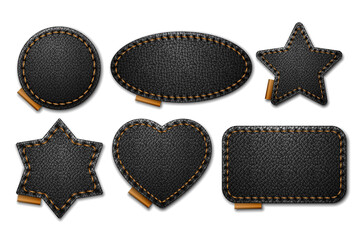 Set of Black leather label shapes with stitches. Leather patches with seam. - 477024419