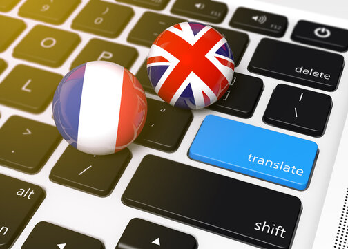 French and English translation keyboard - 3D illustration