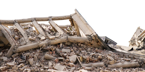 Panoramatic view on collapsed concrete industrial multilevel building. Disaster scene full of...