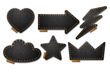 Set of Black leather label shapes with stitches. Leather patches with seam. - 477024696
