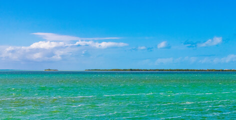Panorama landscape view Holbox island nature sandbank turquoise water Mexico.