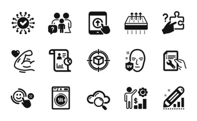 Vector set of Breathable mattress, Edit statistics and Family questions icons simple set. Swipe up, Search puzzle and Repair document icons. Breathable mattress simple web symbol. Vector