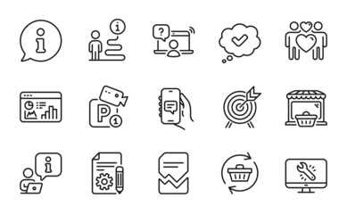 Line icons set. Included icon as Refresh cart, Monitor repair, Online question signs. Approved, Online market, Love couple symbols. Corrupted file, Archery, Chat app. Documentation. Vector