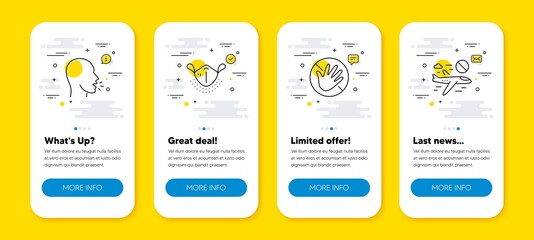 Vector set of Medical mask, Do not touch and Cough line icons set. UI phone app screens with line icons. Cancel flight icon. Respirator, Not allowed, Coronavirus symptom. Closed flights. Vector