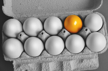 white eggs in egg tray carton with one yellow color against of ordinary, abstract vision be different, unique personality or standing out from the crowd, leadership quality