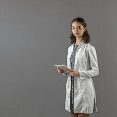 A beautiful student girl in a medical suit stands against a gray wall holding a notebook in her hands