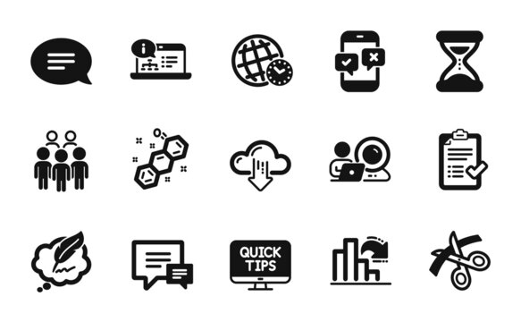 Vector set of Chemical formula, Time zone and Time icons simple set. Group people, Decreasing graph and Comment icons. Video conference, Approved checklist and Phone survey signs. Vector