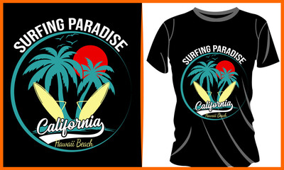 Surfing Paradise California Hawaii Beach illustration and colorful design. Surfing Paradise California Hawaii Beach Vector t-shirt design in the black background. Graphics for the print products.