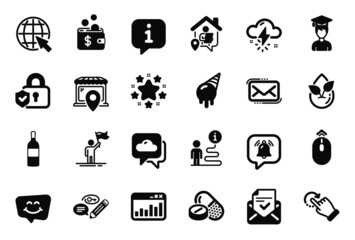 Vector Set of Business icons related to Swipe up, Market location and Medical drugs icons. Smile chat, Wine bottle and Keywords signs. Thunderstorm weather, Stars and Security lock. Vector