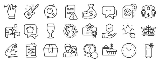Set of Business icons, such as Question button, Buying process, Refrigerator icons. Cashback, Time, Sports arena signs. Search, Project deadline, Message. Insurance hand, Strong arm. Vector