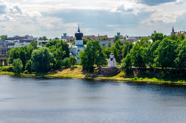 View of the Olga Chapel and the Church of the Assumption of the Blessed Virgin Mary from Paromenya from the wall of the Pskov Kremlin, Pskov, Russia