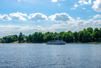 View of the Velikaya River and the Olga Chapel from the Pskov Kremlin, Pskov, Russia