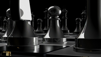 Chess on a chessboard.  Black background. Isolate. 3D Rendering.