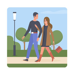 Lovely happy couple walking outdoor and talking. Romantic relationship beautiful moment cartoon vector illustration